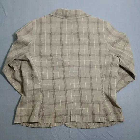 Talbots Women 14 Brown Plaid 100% Cotton V Neck Blazer Office Business - Picture 2 of 12